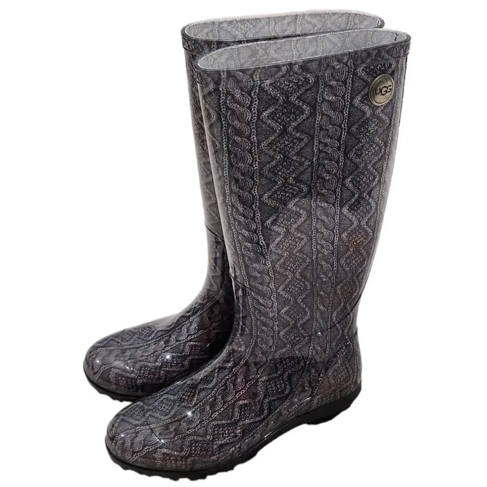 UGG Shaye Cable Knit Women Tall Grey Orange Tie Dye Rain Boots Size 5